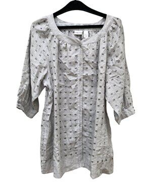 New Chicos Womens 3 Metallic Linen Blend Tunic Gray Check Button Front 3/4 Slvs